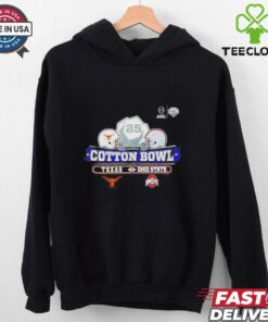 2025 Goodyear Cotton Bowl Texas Longhorns vs. Ohio State Buckeyes Shirt featuring a bold design commemorating the exciting matchup between these two powerhouse teams, perfect for fans supporting either the Longhorns or Buckeyes in this prestigious bowl game.
