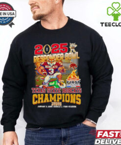 2025 Responder Bowl Texas State Bobcats Champions Mascot Shirt with a celebratory design featuring the Bobcats’ mascot, perfect for fans commemorating the team's victory in the Responder Bowl.