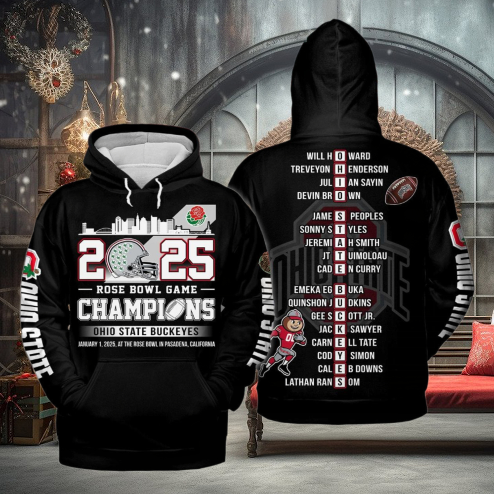 2025 Rose Bowl Game Champions Ohio State Buckeyes Black Hoodie T Shirt 2025 Rose Bowl Game Champions Ohio State Buckeyes Black Hoodie T Shirt