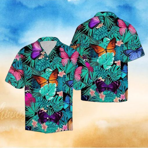 3D Beautiful Butterfly Blue Leaf Aloha Summer Beach Hawaiian Shirt