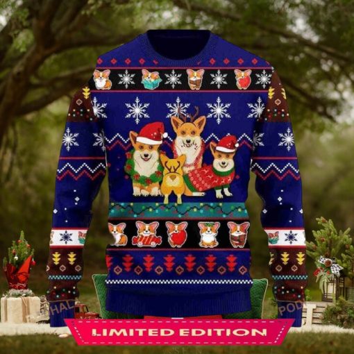3D Corgi Cute Noel MC Christmas Blue Funny Ugly Sweater