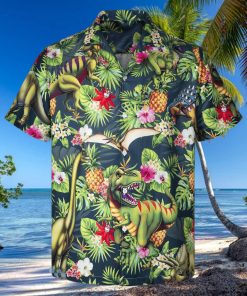 3D Trex Dinosaur Loves Pineapple Short Sleeve Summer Beach Hawaiian Shirt