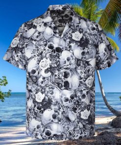 3D White Floral Skull Short Sleeve Summer Beach Hawaiian