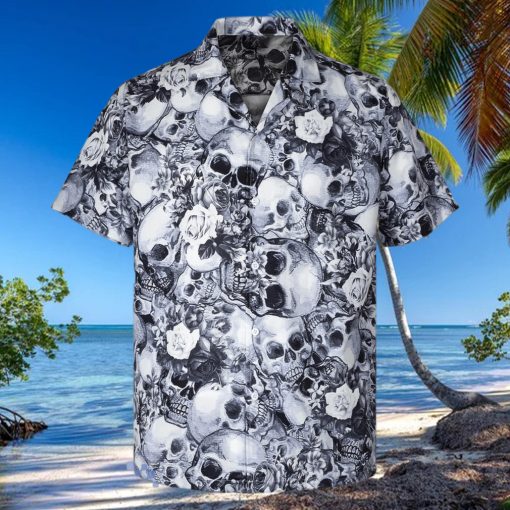 3D White Floral Skull Short Sleeve Summer Beach Hawaiian