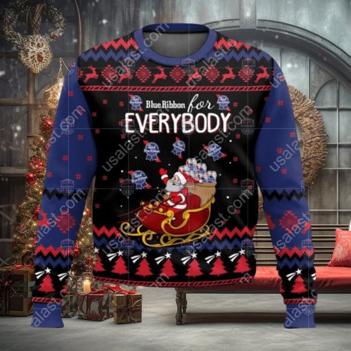 Pabst Blue Ribbon For Everybody Santa Sleigh Ugly Christmas Sweater
