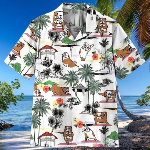 3d Bulldog Yoga Hawaiian Button Up Shirt Mens Womens
