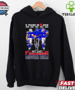 5 Years in a Row 2024 AFC Eastern Division Champions Buffalo Bills Signatures Shirt featuring a commemorative design celebrating the team's achievement with signatures from key players.