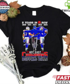 5 Years in a Row 2024 AFC Eastern Division Champions Buffalo Bills Signatures Shirt featuring a commemorative design celebrating the team's achievement with signatures from key players.