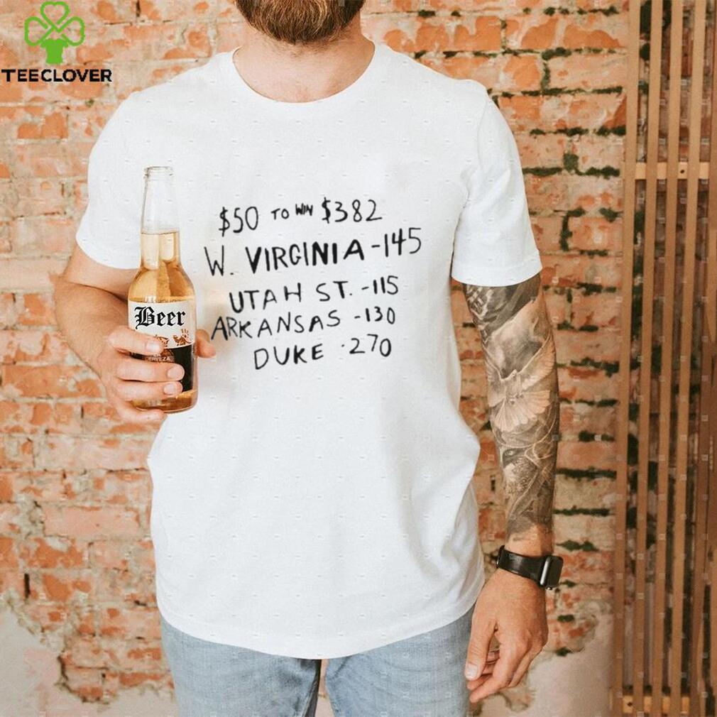 $50 to win $382 w Virginia 145 Utah st 115 arKansas 130 duke 270 t shirt $50 to win $382 w Virginia 145 Utah st 115 arKansas 130 duke 270 t shirt