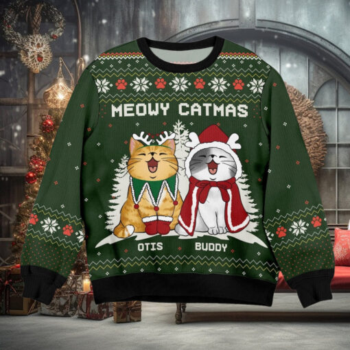 Personalized Cat Meowy Catmas Ugly Christmas Sweater