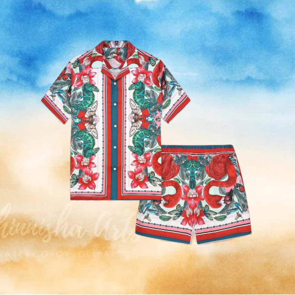 Flamingo Tiki Tropical Flowers Hawaiian Shirt And Short Flamingo Tiki Tropical Flowers Hawaiian Shirt And Short