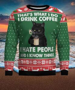 Black Cat Drink Coffee Ugly Christmas Sweater