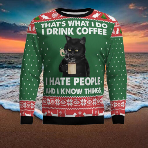 Black Cat Drink Coffee Ugly Christmas Sweater
