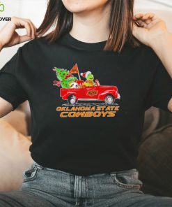 Happy Merry Christmas The Grinch drive a car Oklahoma State Cowboys football logo flag gift shirt 2 Happy Merry Christmas The Grinch drive a car Oklahoma State Cowboys football logo flag gift shirt