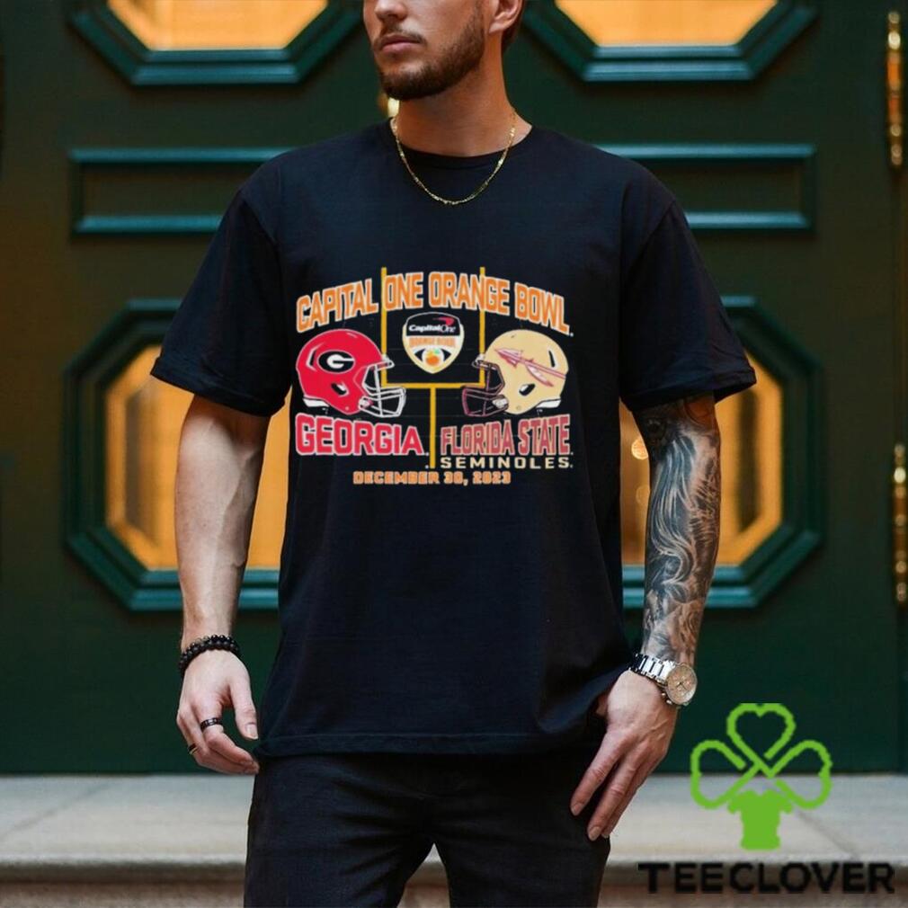 2023 Orange Bowl Georgia Bulldogs vs. Florida State Seminoles Dueling Helmet Shirt 2023 Orange Bowl Georgia Bulldogs vs. Florida State Seminoles Dueling Helmet Shirt