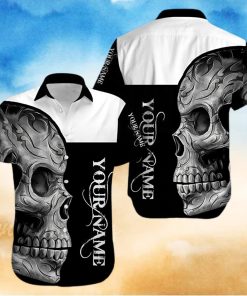 Buy Custom Name Black And White Skull Unisex Hawaiian Aloha Shirt