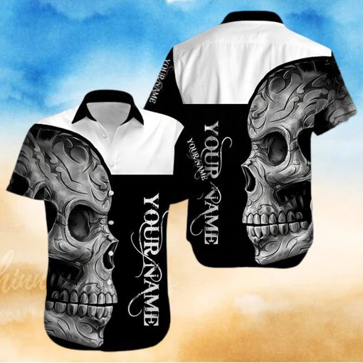 Buy Custom Name Black And White Skull Unisex Hawaiian Aloha Shirt