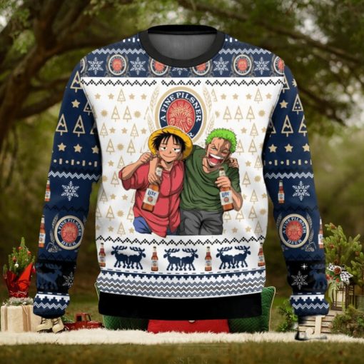 A Fine Pilsner Miller Lite x One Pice Luffy Zoro Ugly Christmas Sweater