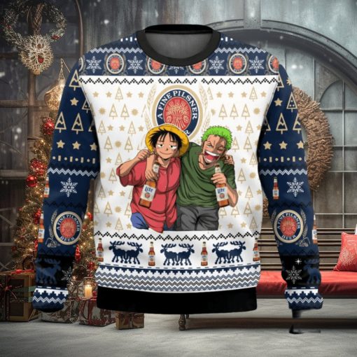 A Fine Pilsner Miller Lite x One Pice Luffy Zoro Ugly Christmas Sweater