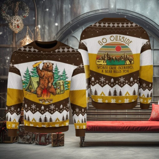 A bear with beer vintage camping Christmas sweater