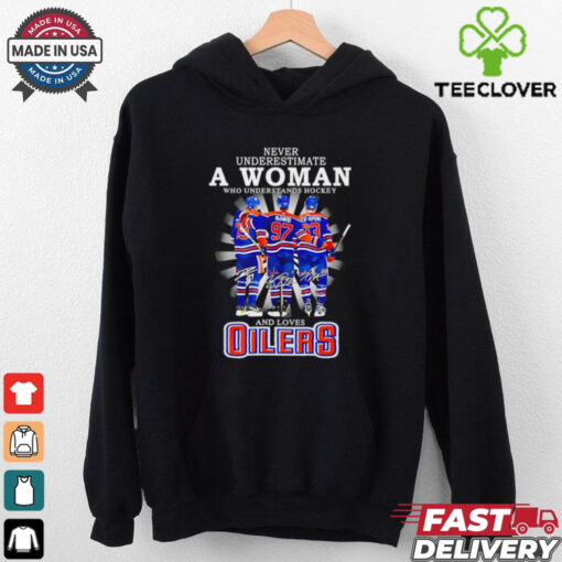 A woman who understands hockey and loves Oilers hockey shirt