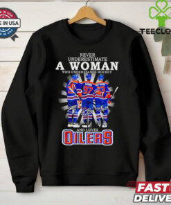 A Woman Who Understands Hockey and Loves Oilers Hockey Shirt, featuring a bold design combining a passion for hockey with support for the Edmonton Oilers. Perfect for female fans who are dedicated to the game and proudly support the Oilers.