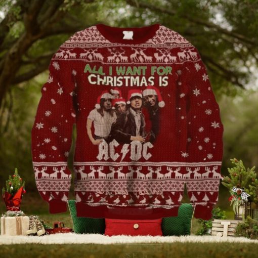 ACDC All I Want For Christmas Is ACDC With Snowflakes And Reindeer Pattern Ugly Christmas Sweater