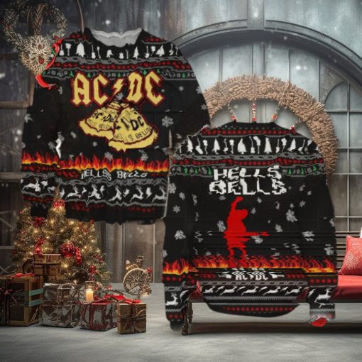 ACDC Angus Young Hells Bells With Flames And Reindeer Pattern Classic Gift For Fans Christmas Ugly Sweater