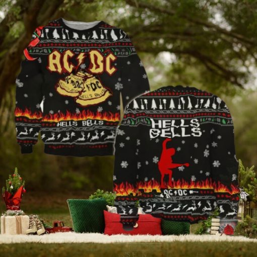 ACDC Angus Young Hells Bells With Flames And Reindeer Pattern Classic Gift For Fans Christmas Ugly Sweater