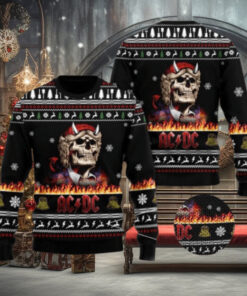 ACDC Angus Young Skeleton Holiday Style In Flame 2024 Christmas Ugly Sweater