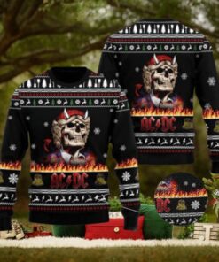 ACDC Angus Young Skeleton Holiday Style In Flame 2024 Christmas Ugly Sweater