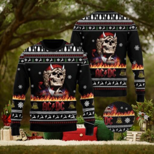 ACDC Angus Young Skeleton Holiday Style In Flame 2024 Christmas Ugly Sweater