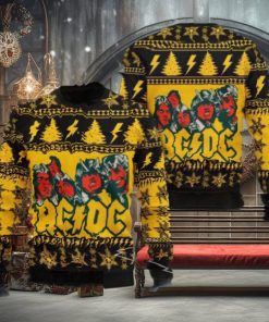 ACDC Band Funny Graphics Snowflakes And Thunder Pattern Knitted Yellow Ugly Christmas Sweater