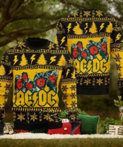 ACDC Band Funny Graphics Snowflakes And Thunder Pattern Knitted Yellow Ugly Christmas Sweater