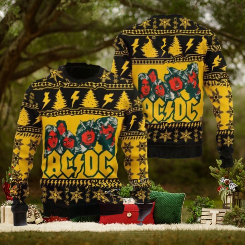 ACDC Band Funny Graphics Snowflakes And Thunder Pattern Knitted Yellow Ugly Christmas Sweater ACDC Band Funny Graphics Snowflakes And Thunder Pattern Knitted Yellow Ugly Christmas Sweater
