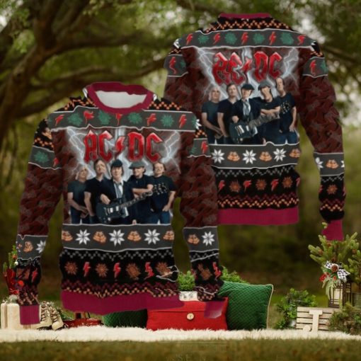 ACDC Band Members Photo Snowflakes And Thunder Logo Pattern Knitted Ugly Christmas Sweater