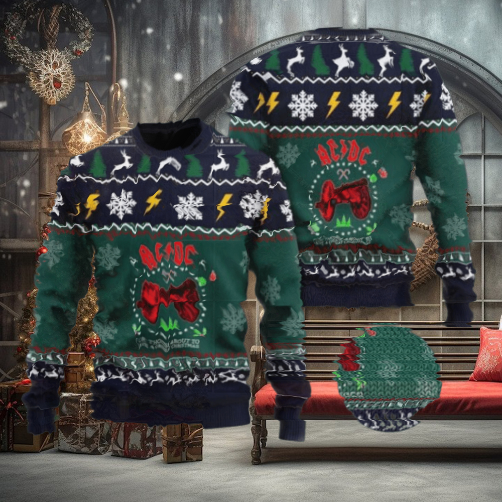 ACDC For Those To Have A Great Christmas Xmas Wreath Knitted Green Ugly Christmas Sweater ACDC For Those To Have A Great Christmas Xmas Wreath Knitted Green Ugly Christmas Sweater