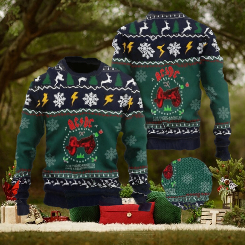 ACDC For Those To Have A Great Christmas Xmas Wreath Knitted Green Ugly Christmas Sweater ACDC For Those To Have A Great Christmas Xmas Wreath Knitted Green Ugly Christmas Sweater