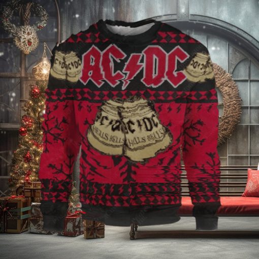 ACDC Hells Bells Signature Symbol With Snowflakes Pattern Black And Red Ugly Christmas Sweater 2024
