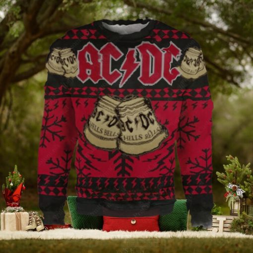 ACDC Hells Bells Signature Symbol With Snowflakes Pattern Black And Red Ugly Christmas Sweater 2024