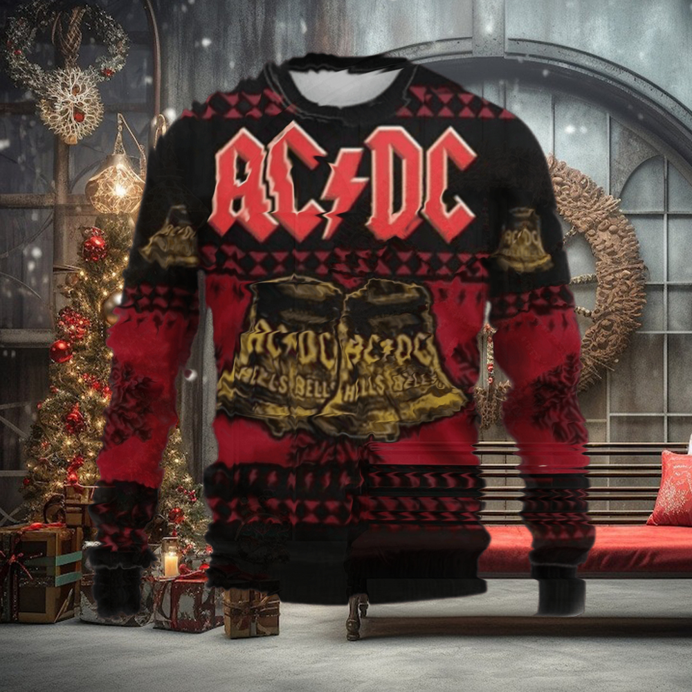 ACDC Signature Hells Bells Xmas 2024 Knitted Red And Black Christmas Ugly Sweater ACDC Signature Hells Bells Xmas 2024 Knitted Red And Black Christmas Ugly Sweater