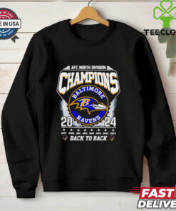 AFC North Division Champions 2024 Back-to-Back Baltimore Ravens Shirt, featuring a bold design celebrating the Ravens' back-to-back AFC North division titles. Perfect for fans showing pride in the team's continued success.