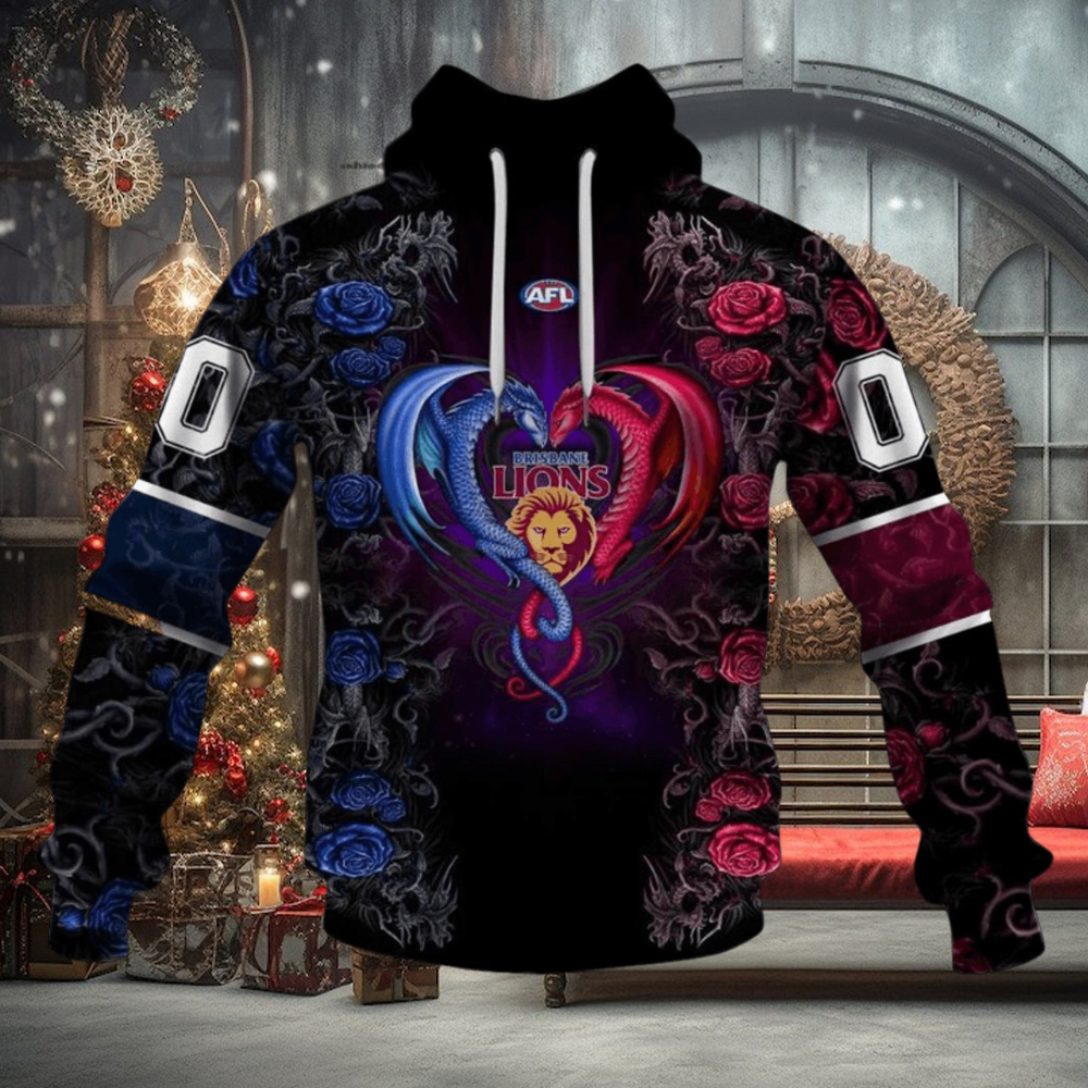 AFL Brisbane Lions Custom Name Number Rose Dragon Pullover Hoodie AFL Brisbane Lions Custom Name Number Rose Dragon Pullover Hoodie
