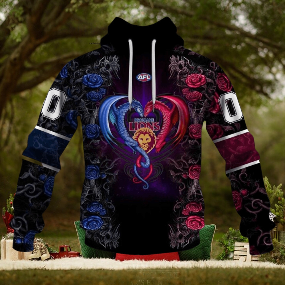 AFL Brisbane Lions Custom Name Number Rose Dragon Pullover Hoodie AFL Brisbane Lions Custom Name Number Rose Dragon Pullover Hoodie