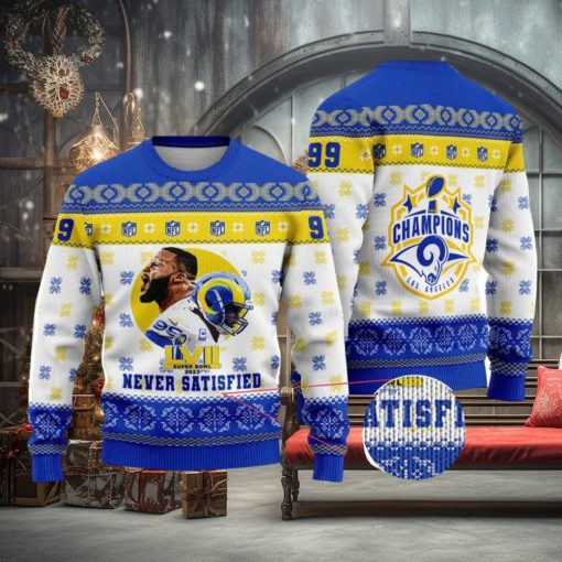 Aaron Donald Never Satisfied Los Angeles Champions 2023 Super Bowl NFL Christmas Ugly Sweater