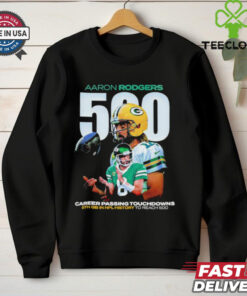 Aaron Rodgers 500 Career Passing Touchdowns Shirt with a bold design celebrating the quarterback’s remarkable achievement, perfect for Packers fans and Rodgers supporters.