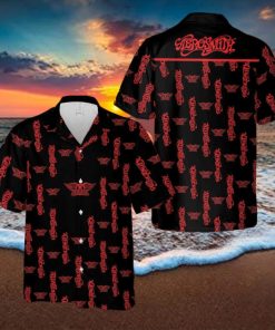 Aerosmith Music Band Logo Hawaiian Shirt Thunder And Guitar Black Red For Fans Gift Holidays