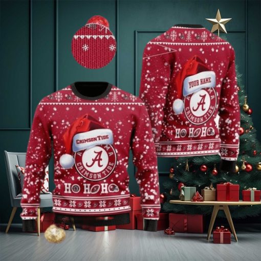 Alabama Crimson Tide NCAA Santa Claus Hat Ho Ho Ho 3D Custom Name Ugly Christmas Sweater