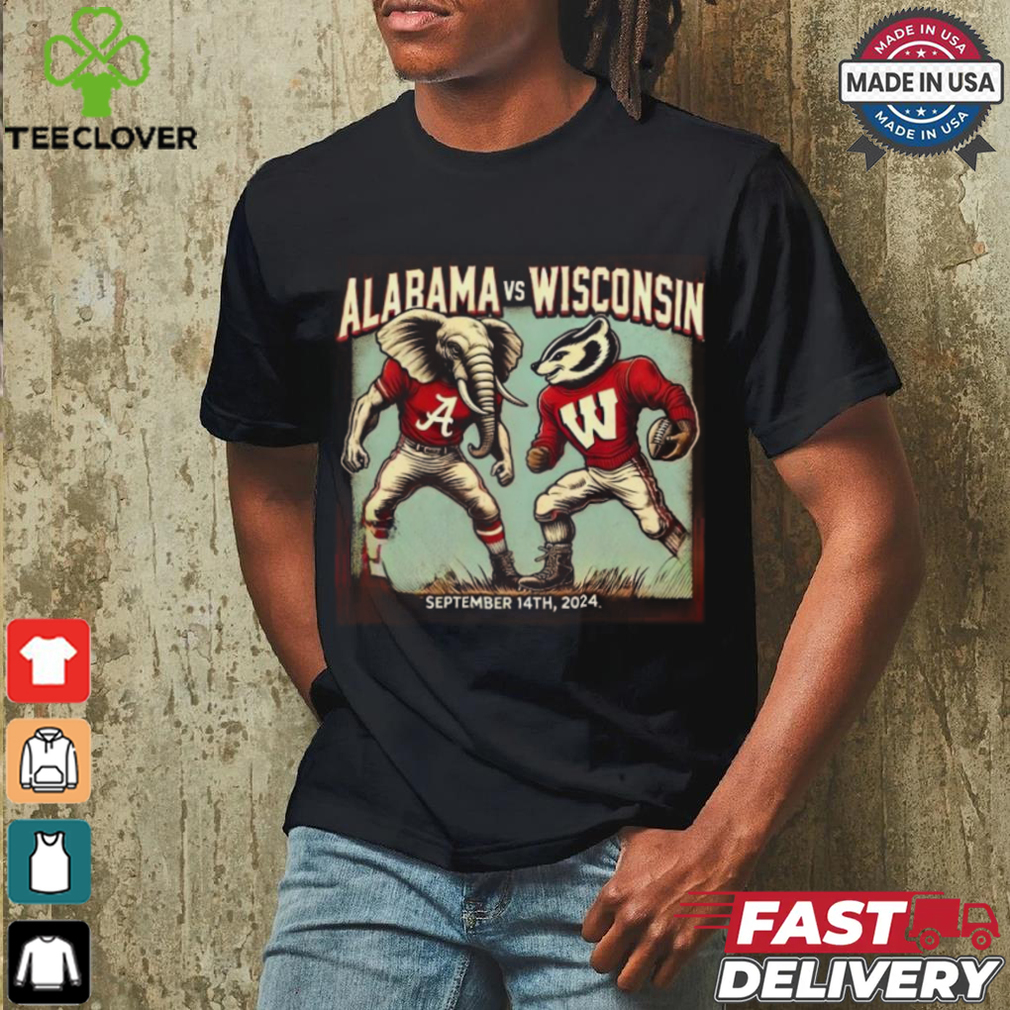 Alabama Crimson Tide Vs Wisconsin Badgers Football Showdown Mascot Retro 60s Comic Style September 14th 2024 T shirt Alabama Crimson Tide Vs Wisconsin Badgers Football Showdown Mascot Retro 60s Comic Style September 14th 2024 T shirt