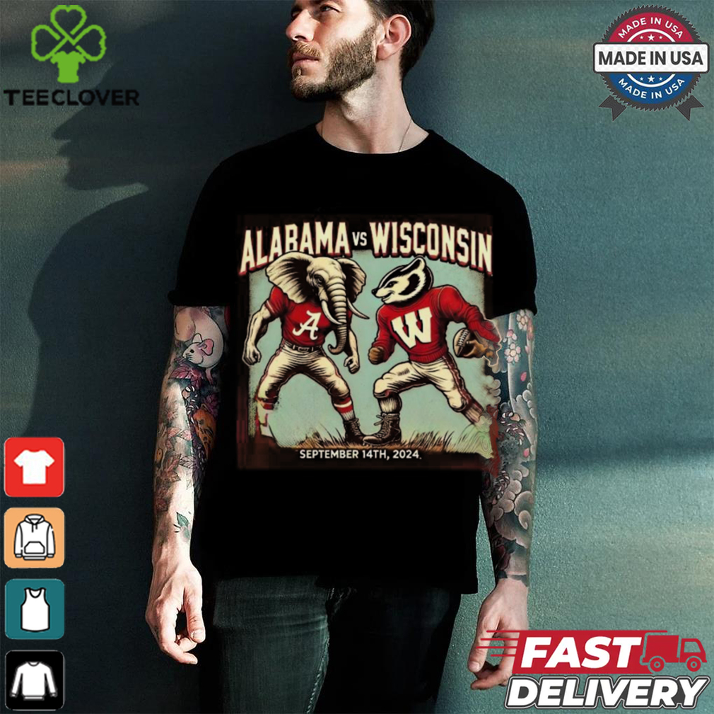 Alabama Crimson Tide Vs Wisconsin Badgers Football Showdown Mascot Retro 60s Comic Style September 14th 2024 T shirt Alabama Crimson Tide Vs Wisconsin Badgers Football Showdown Mascot Retro 60s Comic Style September 14th 2024 T shirt